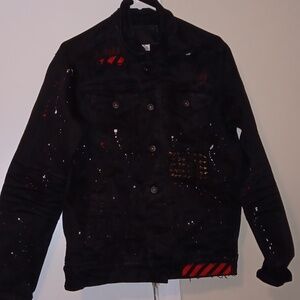 Smoke Rise men's Medium Black painted Studded cargo pocket jean jacket